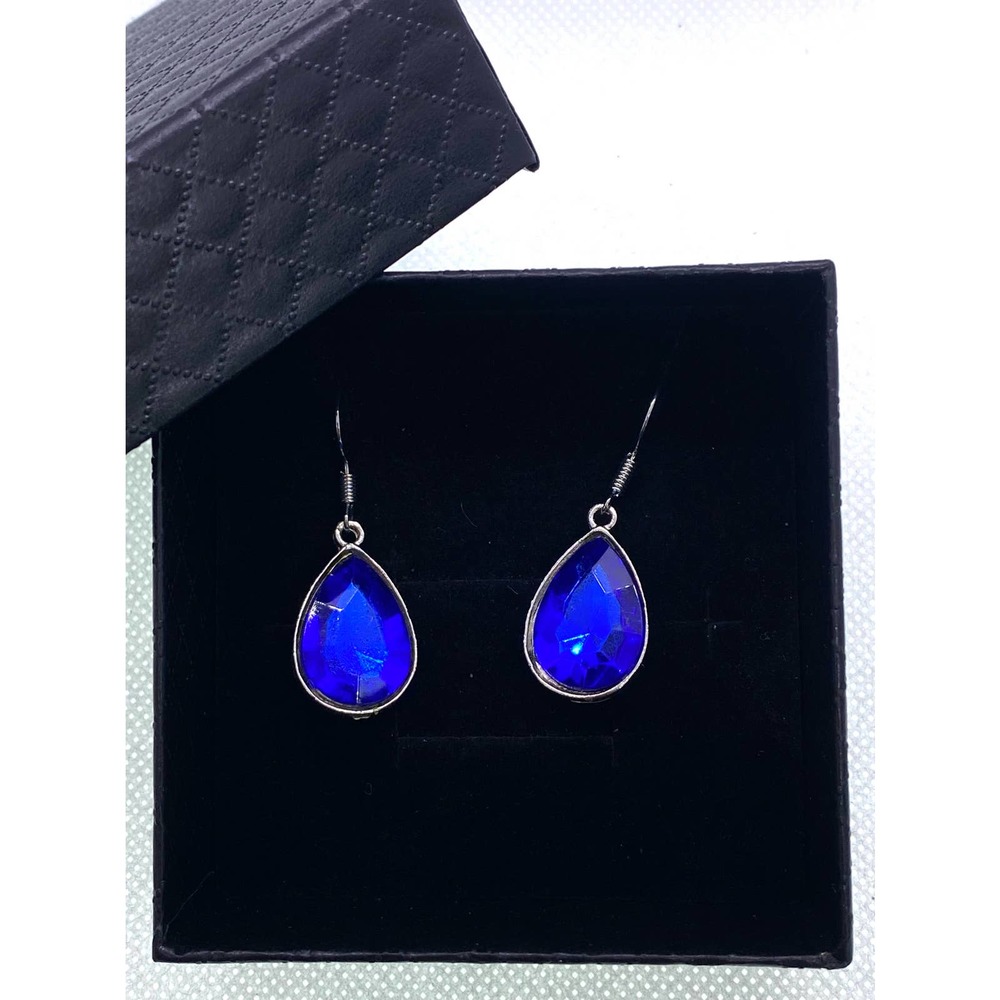 Imitation Silver Blue Sapphire Cubic Zirconia CZ Dangle Teardrop Earrings